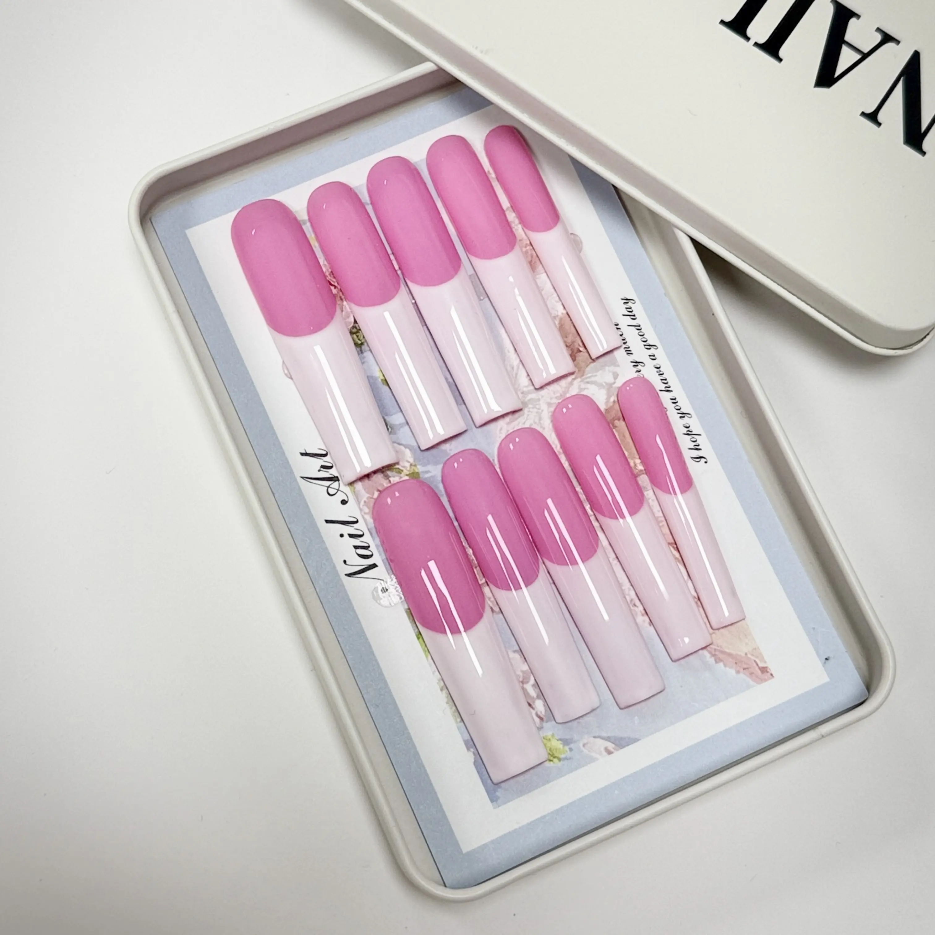 Super Long Square Press On Nails] Pink French Tips | Y2K False Nails with White Tin Box Gift Set | Full Cover Acrylic Nails for Women and Girls