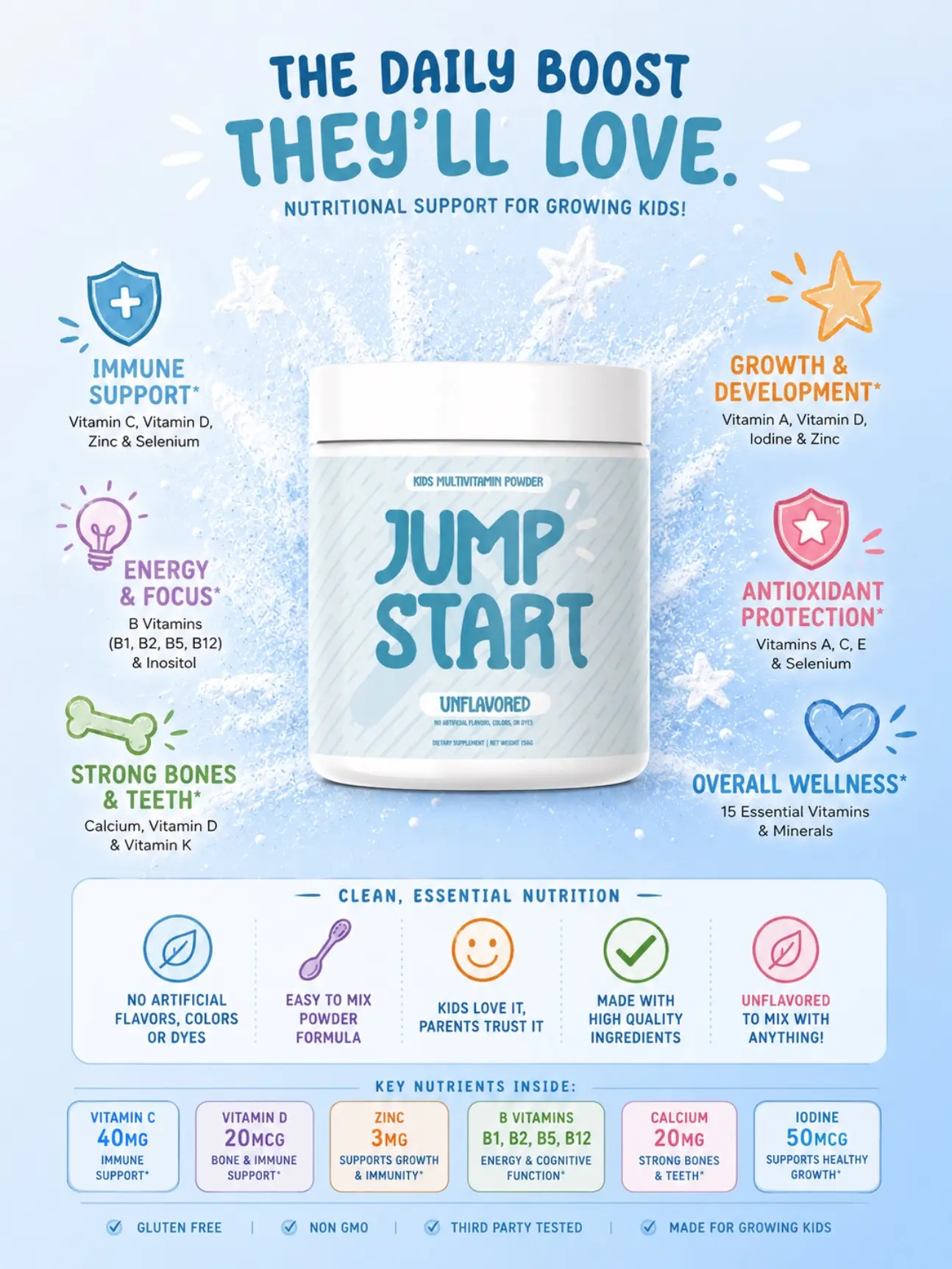 NXT GEN Jump Start Kids Multivitamin Powder - Unflavored Daily Supplement with Vitamins A C D E Zinc for Healthy Growth & Development