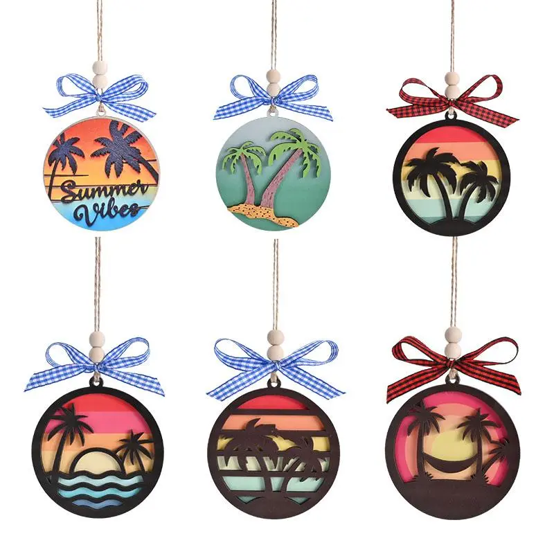 Summer Themed Wooden Hanging Ornament, 1 Count Coconut Tree & Sunset Pattern Hanging Decoration, Hanging Decor for Home Garden Party, Party Gift