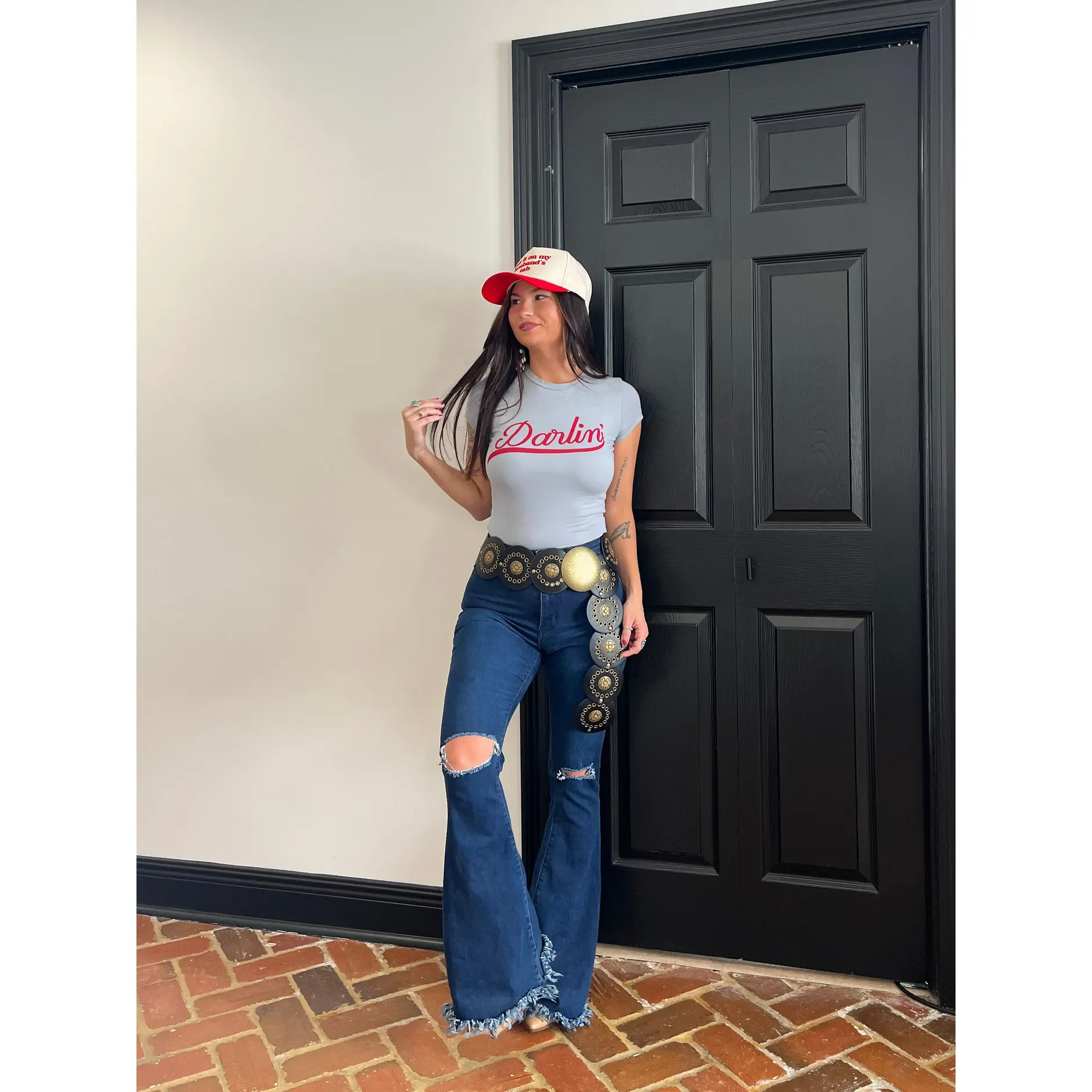 Farrah Denim Distressed High Waisted Flares - Medium Wash