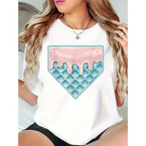 Women's White T - Shirt with Baseball Home Plate Waffle Ice Cream Drizzle & Sprinkles Graphic, Casual Summer Daily Outfit for Ladies, Cute Fun Foodie Baseball - Themed Top 100% Cotton T-shirt