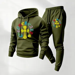Men’s Streetwear Hoodie and Jogger Set Fashion Two Piece Tracksuit Pullover Hooded Sweatshirt Matching Sweatpants Hip Hop Casual Outfit Autumn Winter Comfortable Men Fashion Tracksuit