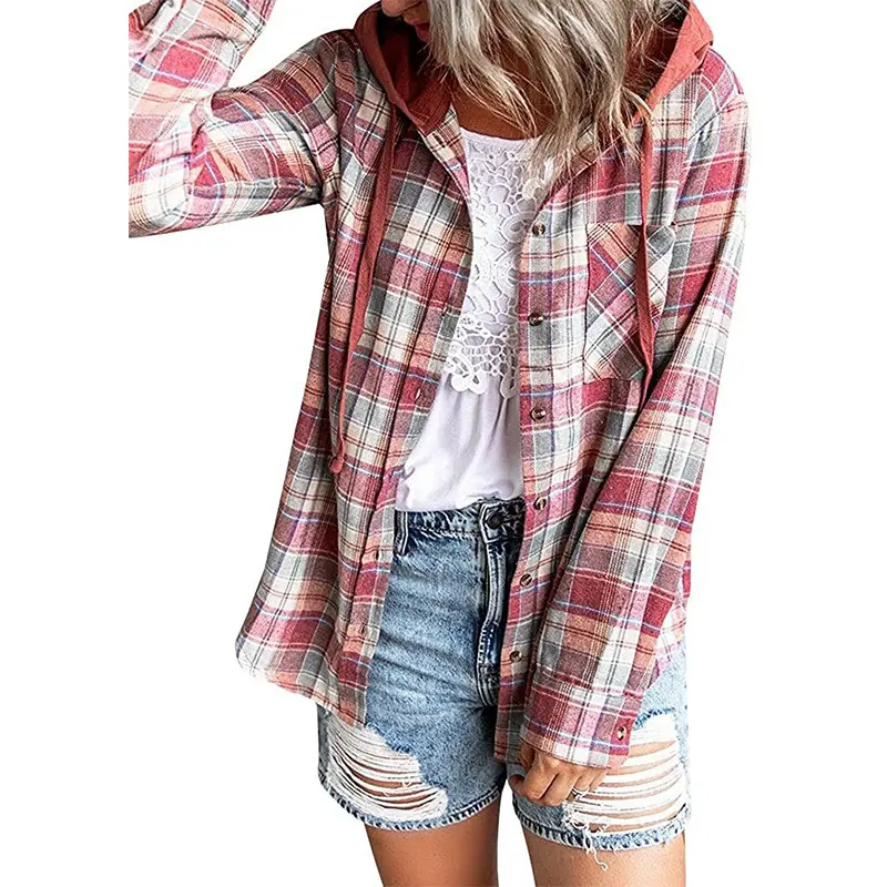 Women’s Plaid Hooded Shacket Jacket Casual Button Down Long Sleeve Shirt Jacket for Fall Outfits, Cozy Layering Top for Weekend Trips, Coffee Dates & Everyday Streetwear