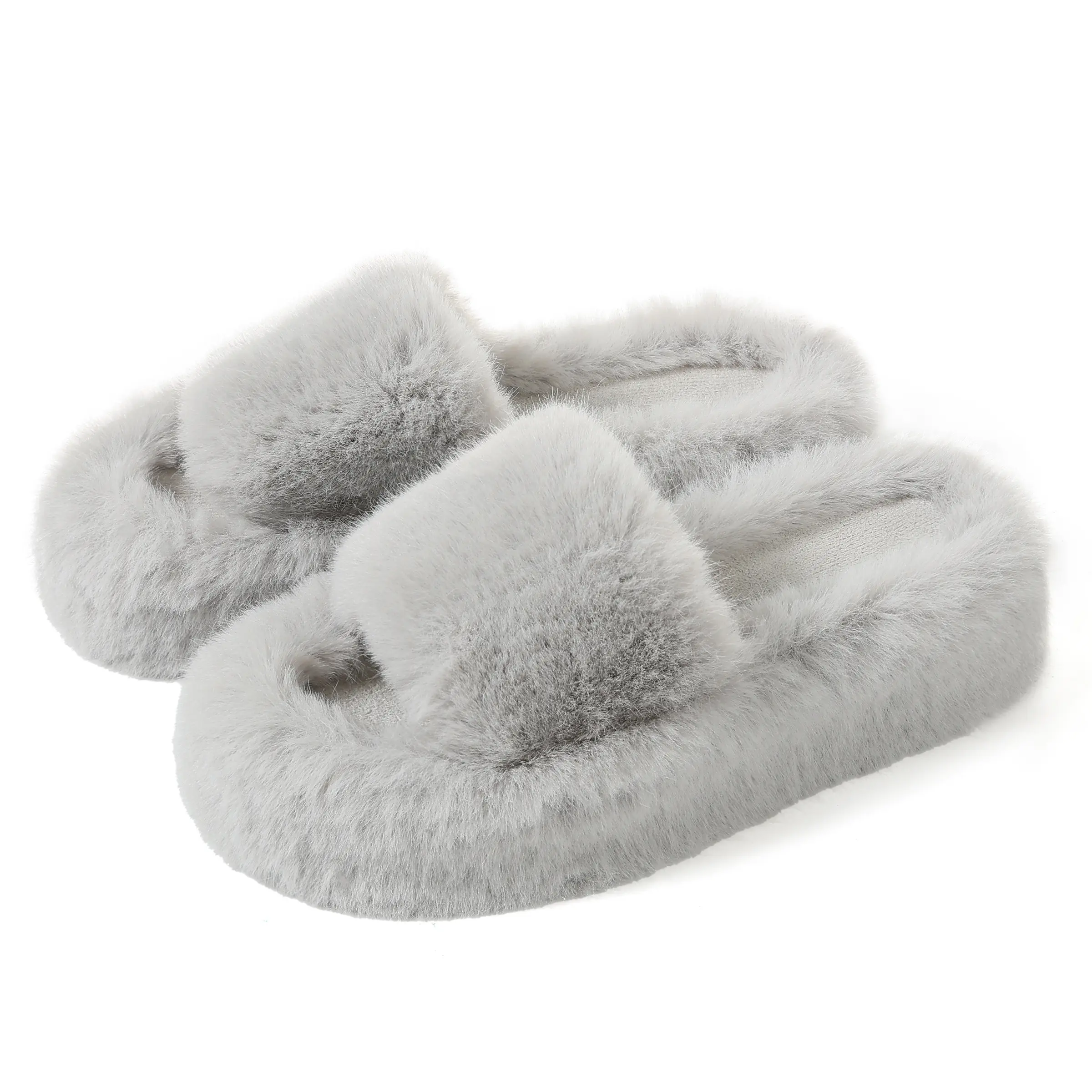 CELNEPHO Faux Fur Slippers for Womens Fuzzy Slides Open Round Toe Easy Slip on Single Band Non Slip Comfy Cozy Warm House Bedroom Indoor Flipflops Party Vacation Relax Gift Dress Shoes