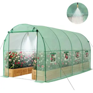 VEVOR Walk-in Tunnel Greenhouse, 15 x 7 x 7 ft Hoop House Greenhouse Tunnel with Watering System, Plant Hot House with Steel Frame, PE Cover, Roll-Up Zipper Door and 8 Windows for Outdoors, Green