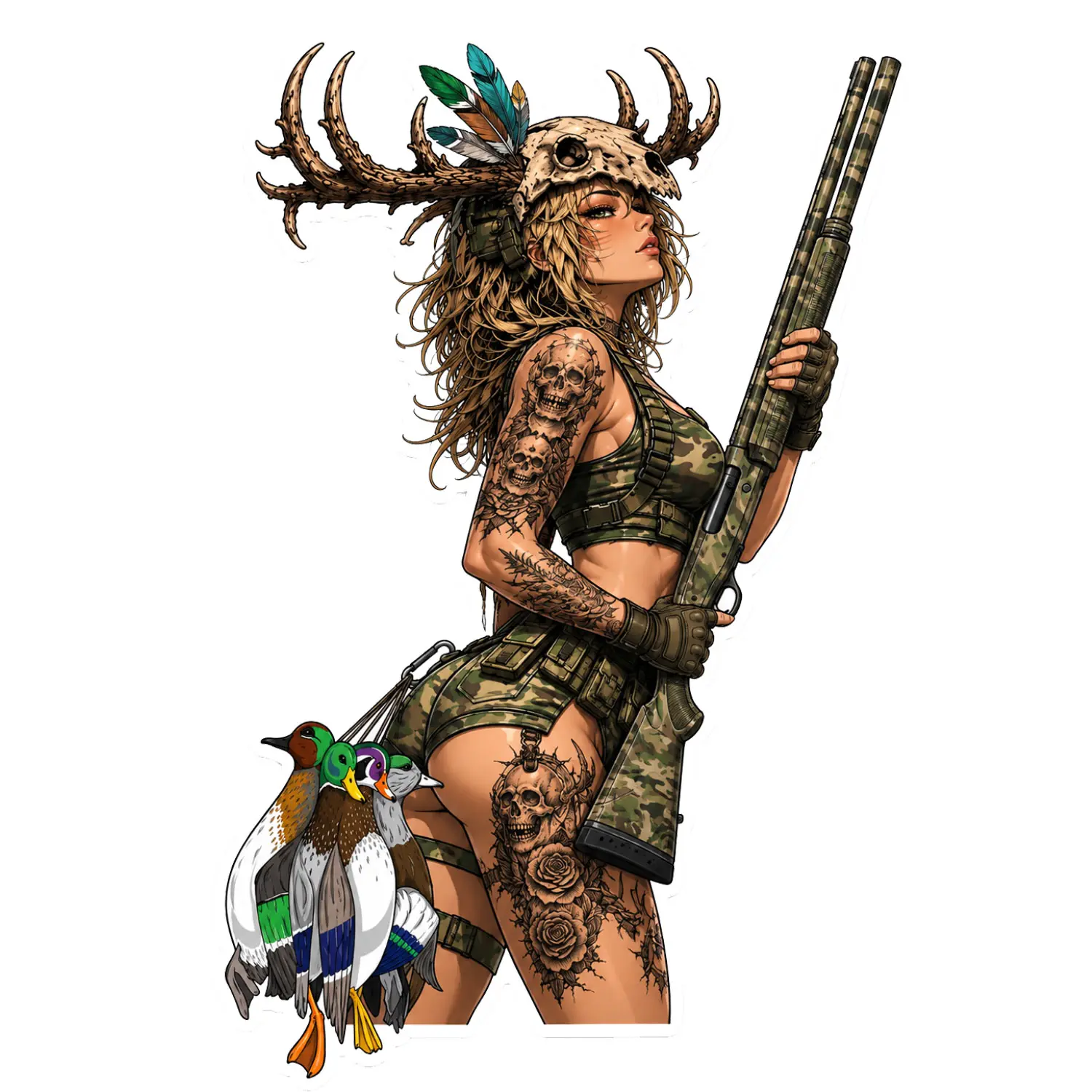 Camo Duck Hunter Girl Sticker, Woodland Waterfowl Hunting Art, Detailed Outdoor Decal for Laptop Tumbler Car Window, Rustic Hunter Gift