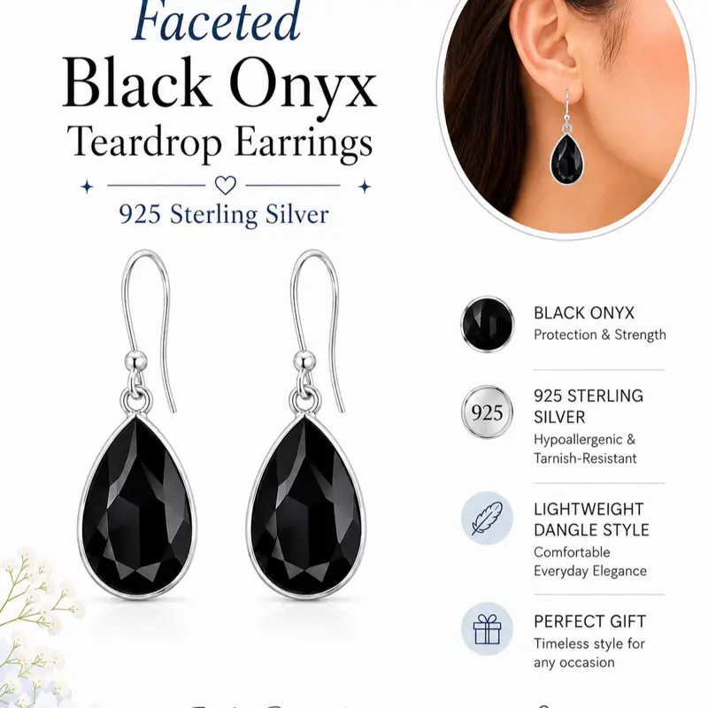 Black Onyx Teardrop Faceted Earrings | 925 Sterling Silver