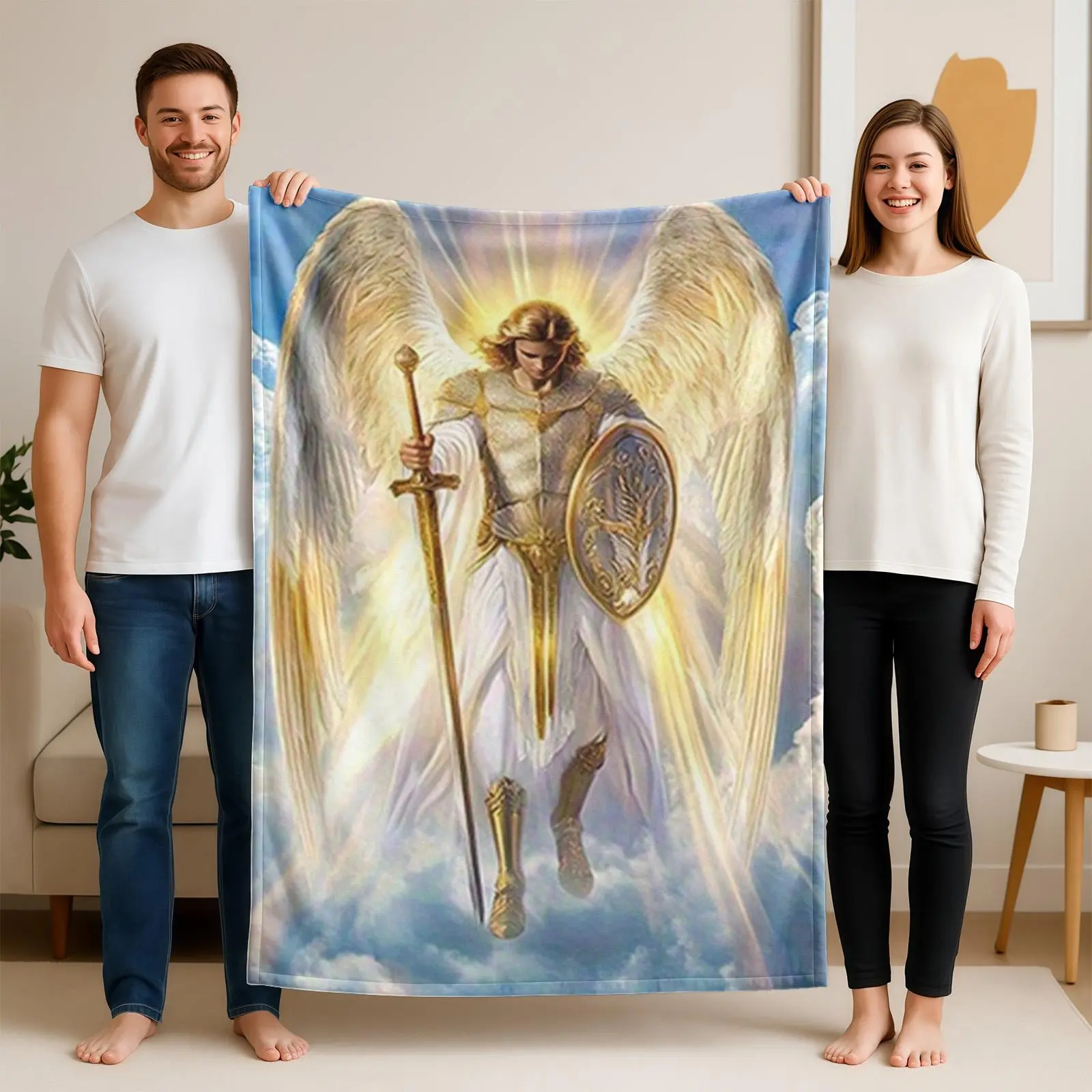 Archangel Michael holding a sword and shield, image themed flannel blanket, Soft Flannel Throw - soft and warm, suitable for beds, sofas and camping, modern design, digitally printed pattern, all-season use