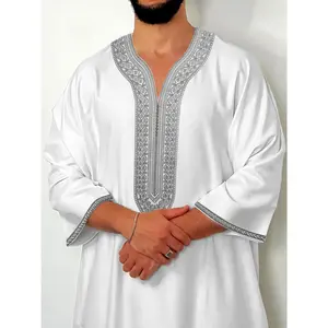 One Piece Solid Color Loose Moroccan Men's Robe - Pure White Silvery Thread Embroidery Robe - Muslim Fashion Traditional Festival Clothing