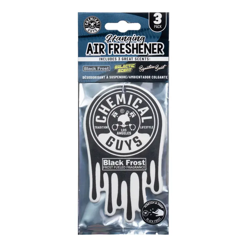CHEMICAL GUYS 3-Pack Hanging Air Fresheners - Assorted Signature Fragrances Including Galactic, Black Frost Frost Fueled, Cars Accessories, Odor-Neutralizing Deodorizer, Easy-to-Hang for Car Interior, Closets, Locker, Rear Mirror