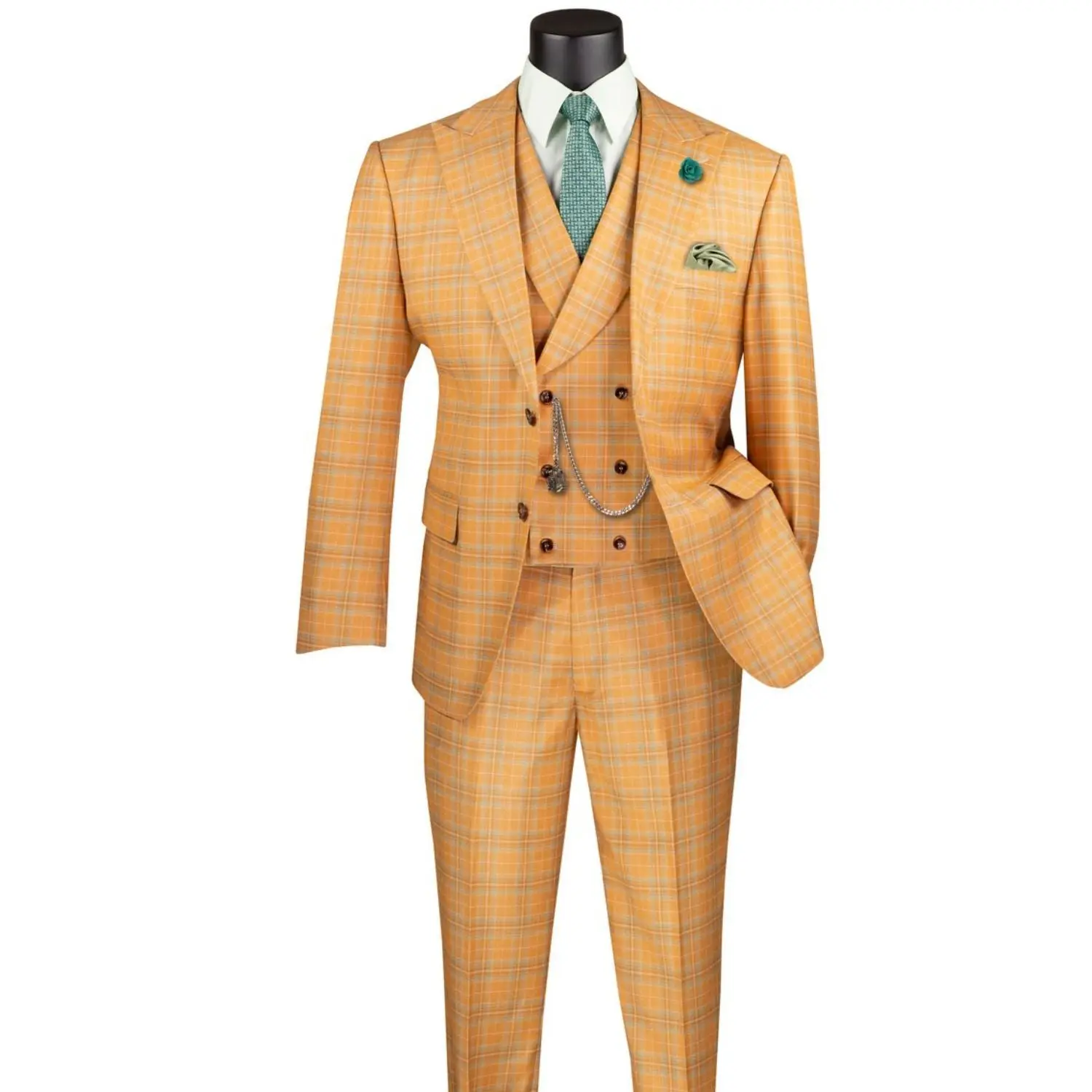 Men’s 3-Piece Windowpane Single-Breasted Modern Fit Suit - Orange