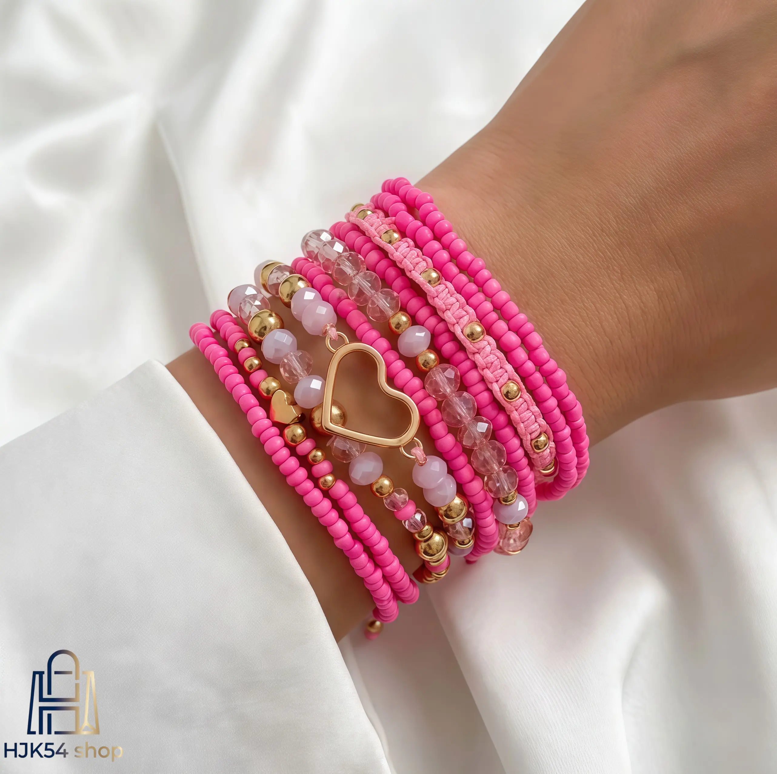 Boho 10PCS Stackable Pink Crystal Seed Bead Bracelet Set for Teen Girls - Hollow Heart Charm, Adjustable Daily Summer Beach Party Stacked Statement Wristwear, Seed Beads
