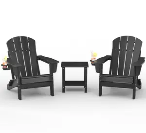 Folding Adirondack Chair Set of 2 with Side Table, HDPE Outdoor Patio Chair with Cup Holder, All Weather Resistent Wooden Textured for patios, Decks, Gardens, fire Pit, Black