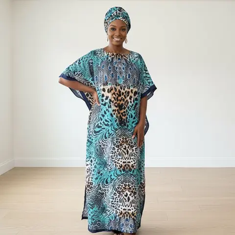Women's 2-Piece Chiffon African Bubu Kaftan Set - Short Sleeves, Cowl Neck, Turquoise Leopard Print, Casual Fashion Clothing, Chic Boho Style, Loose Relaxed Fit Flatters Without Fuss, Breathable, Beach Days Wear, African Fashion Turban