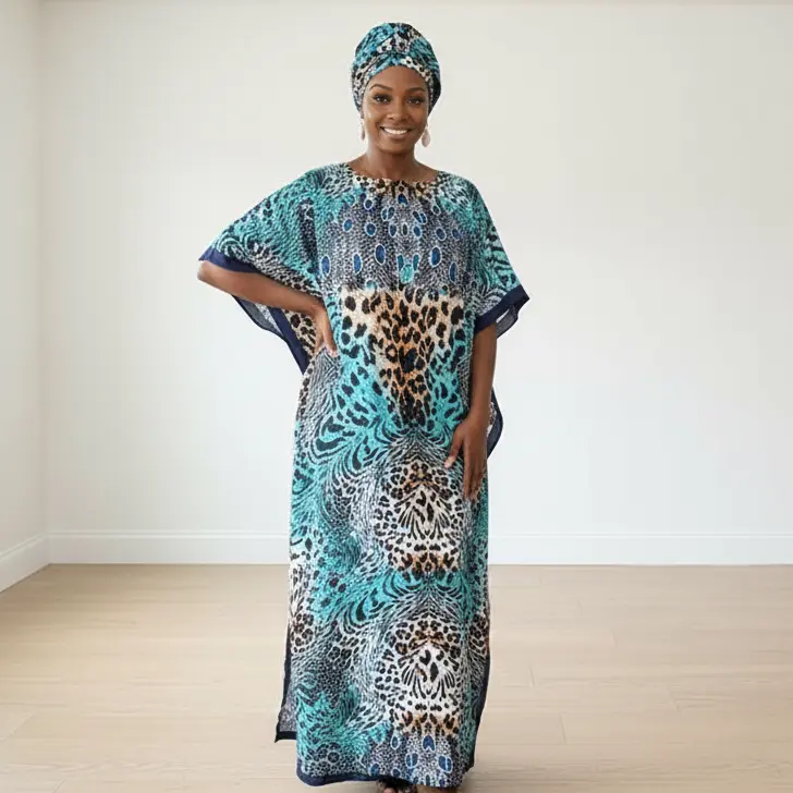 Women's 2-Piece Chiffon African Bubu Kaftan Set - Short Sleeves, Cowl Neck, Turquoise Leopard Print, Casual Fashion Clothing, Chic Boho Style, Loose Relaxed Fit Flatters Without Fuss, Breathable, Beach Days Wear, African Fashion Turban