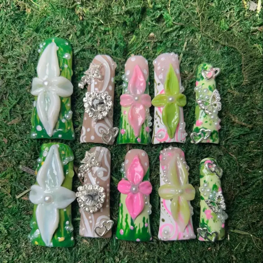 3D Flowers Press On Nails LaVie En Rose & Sliver Details Handmade Nails Art Gif For Her