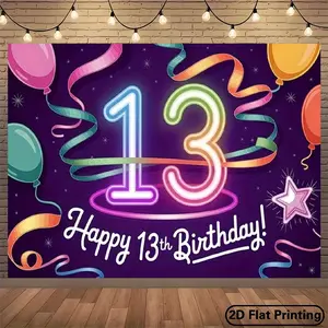 1pc 2D Flat 13th Birthday Party Banner - Vibrant Neon Number 13 with Balloons & Stars, Polyester Backdrop for Indoor/Outdoor Events, Graduations, Home Decor - No Electricity Needed, Easy to Hang, Birthday Party Decorations, 2D Flat Ornaments White