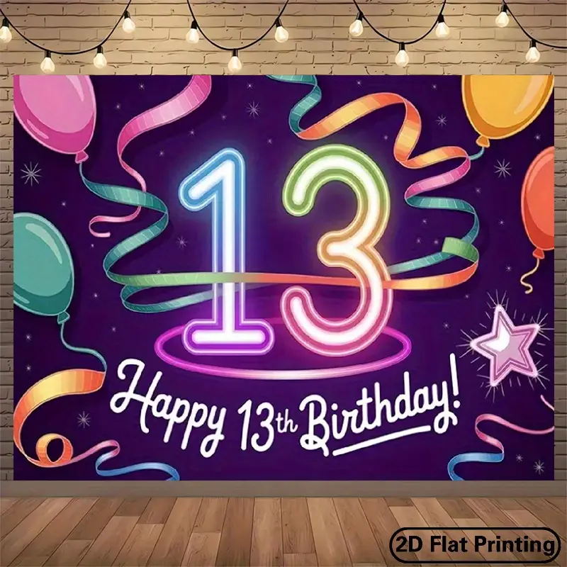 1pc Durable Soft Stainproof 2D Flat Polyester 13th Birthday Party Banner - Glam Neon 13 Number, Flowers, Balloons, Stars Print Backdrop, Hangable, No Electricity Needed, Party Decorations, for Indoor/Outdoor Events, Home Decor