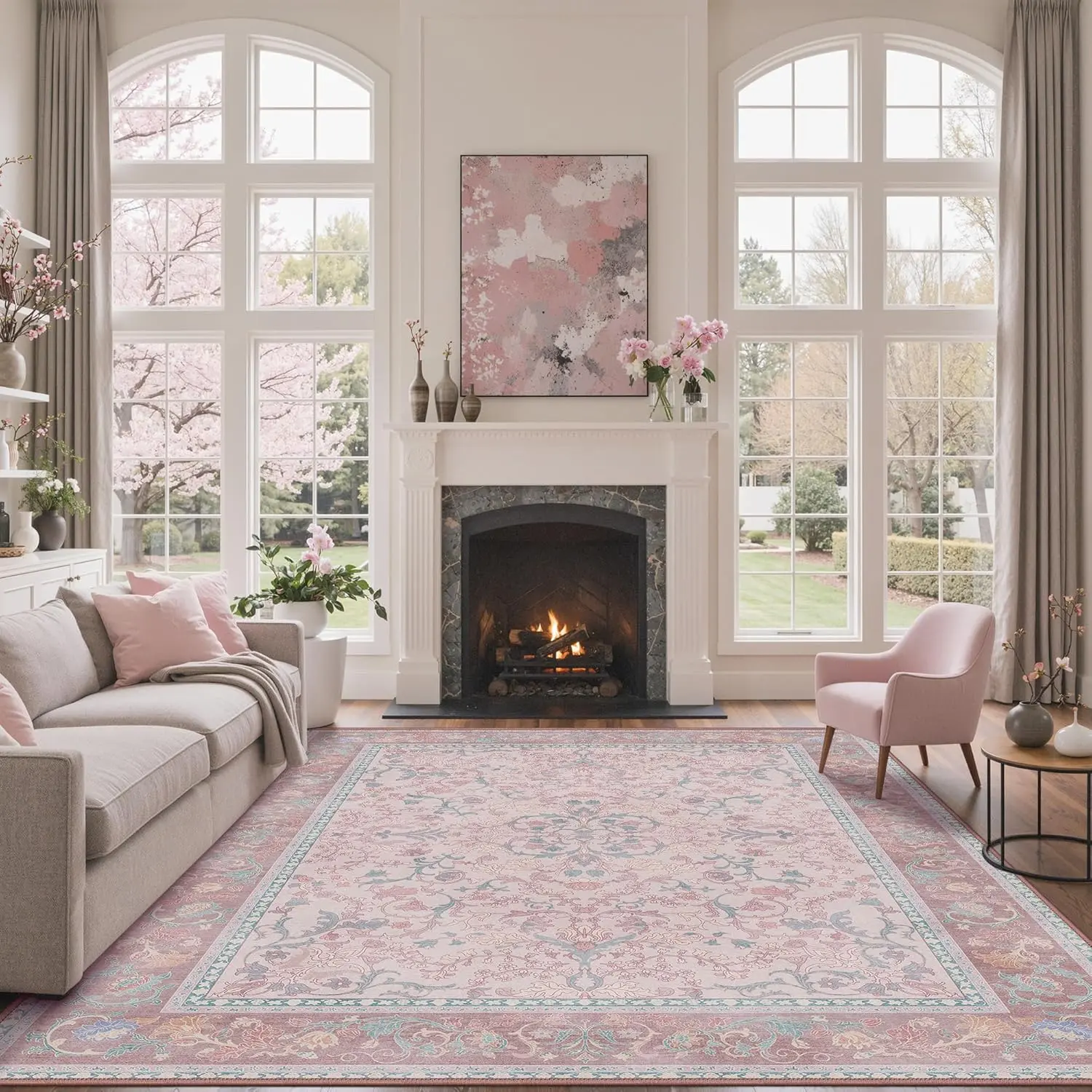GENIMO Vintage Floral Rugs, Large Washable Area Rug with Non Slip Backing, Low Pile for Living Room, Nursery,Bedroom & Home Decor, Lightweight Carpet, Pink