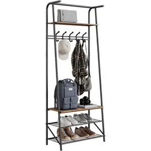 【GARVEE】Hitmeuble - Coat rack with bench, entryway wardrobe, 4 shelves and 5 hooks, coat rack with shoe support for entryway, 64 x 29 x 180 cm