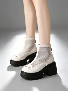 2026 Spring Summer New Glossy Leather Mesh Hollow Out Short Boots, Round Toe Metal Letter Back Zipper Design, Y2K Style
