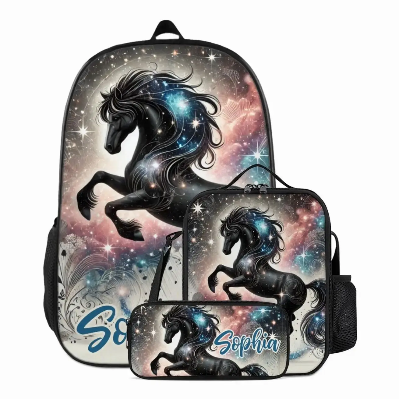 Personalized Black Horse Kids Backpack Set, Custom Name School Bag with Lunch Bag & Pencil Case