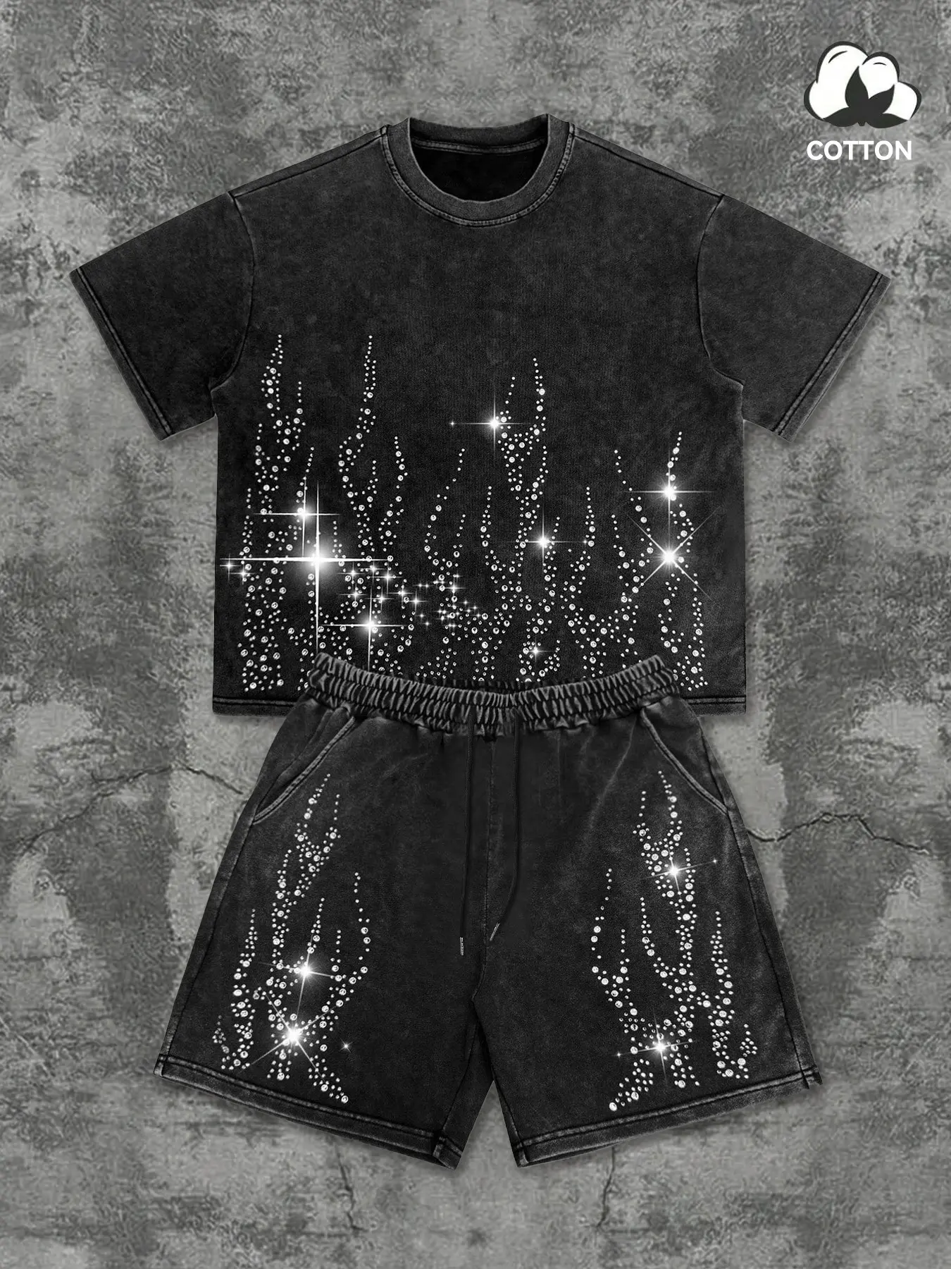 Men's Opium Style Acid Wash T-Shirt & Shorts Set - Oversized Heavyweight Cotton Tracksuit with Rhinestone Star Graphic - Dark Aesthetic Washed Grey Streetwear Outfit for Concerts & Clubbing Clothes