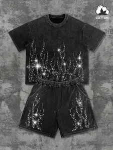 Men's Opium Style Acid Wash T-Shirt & Shorts Set - Oversized Heavyweight Cotton Tracksuit with Rhinestone Star Graphic - Dark Aesthetic Washed Grey Streetwear Outfit for Concerts & Clubbing
