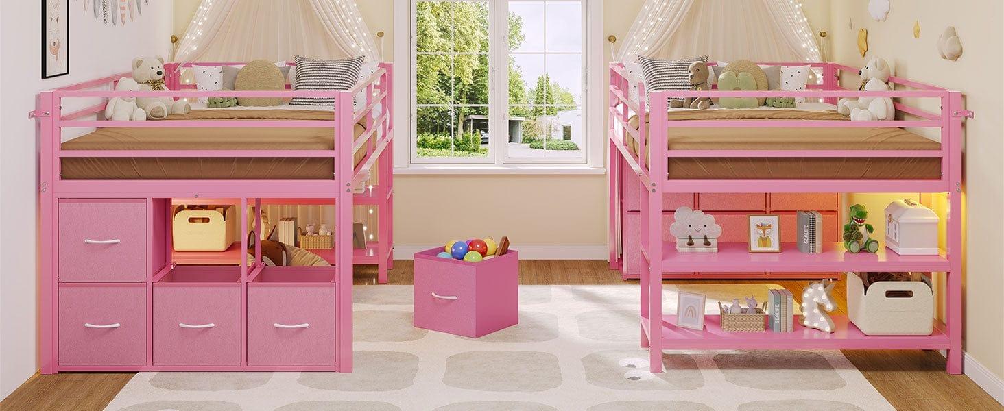 Sikaic Twin Size Low Loft Bed with 6 Storage Drawers and LED Lights Modern Kids Metal Loft Bed with 15H Stairs & Safety Guardrail and 2 Tier Storage Shelves