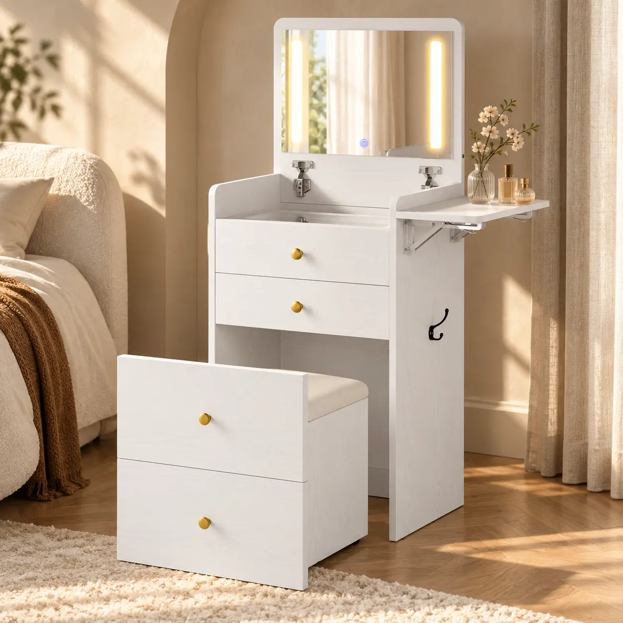 LIKIMIO 3-in-1 Compact Makeup Vanity Desk for Small Spaces, Flip-Up LED Mirror & Stool, 3 Drawers, Fold-Out Desktop and Divided Storage, Space-Saving Vanity Table for Bedroom & Dorm, White