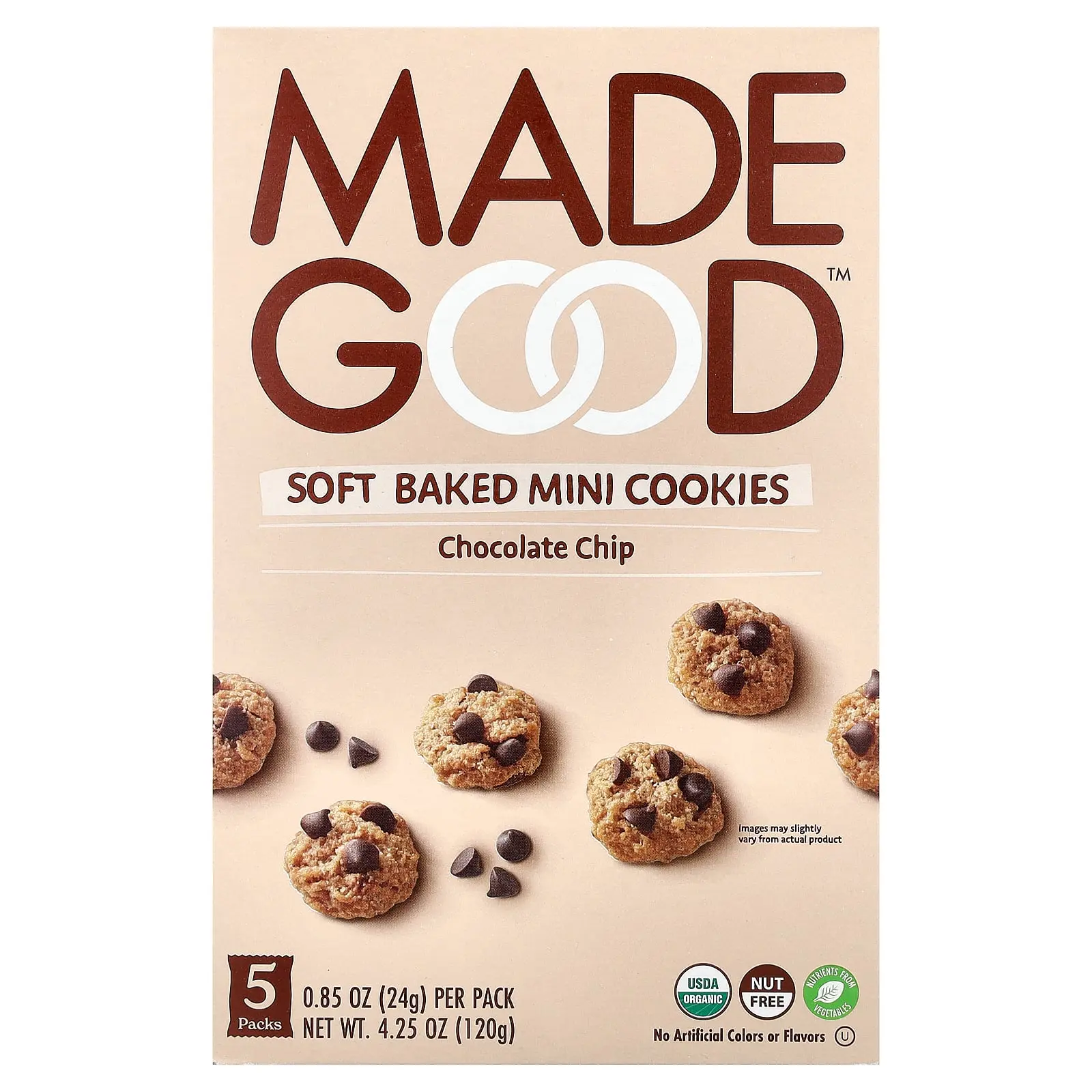 MadeGood Soft Baked Mini Cookies, Chocolate Chip, 5 Packs, 0.85 oz (24 g) Each