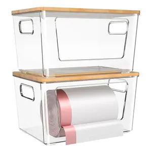 2 Counts Plastic Trash Bag Holder with Bamboo Lid,Stackable Trashbag Dispenser,Extra Large Garbage Bag Holder for Kitchen Laundry Room Under Sink Organization and Storage,Reusable