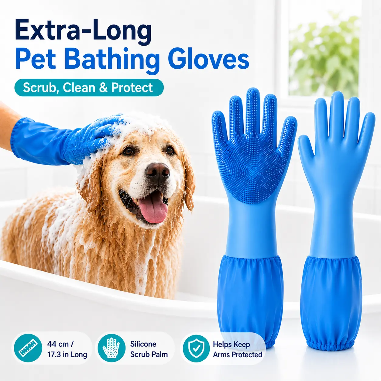 Extra-Long Pet Bathing Gloves, 17.3in Silicone Scrub Gloves for Dogs & Cats, Waterproof Long Cuff Grooming Gloves for Bathing, Washing & Massage Bath Kit