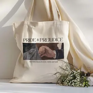 Pride and Prejudice Tote Bag – With Text Tote, Jane Austen Book Lover Gift, Fandom Merch, Light Academia Reading Bag, Bookish Gift for Her