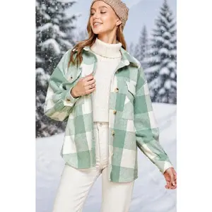 Lime N Chili Plaid Shacket Flannel Lined Coat - Sage/Ivory