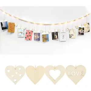 158 cm Photo Garland Photo Wall with Clips and LED Fairy Lights, Boho Photo Wall Display with Wooden Beads, Clips, Heart Pendant, Hanging Photo Display, Photo Garland Rope for Hanging Photos
