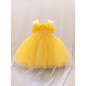 Toddler's Elegant Flower Applique Mesh Princess Dress, Solid Color Sleeveless Gowns, Baby Girl's Clothing Formal Occasion/Birthday Party/Photography/Banquet