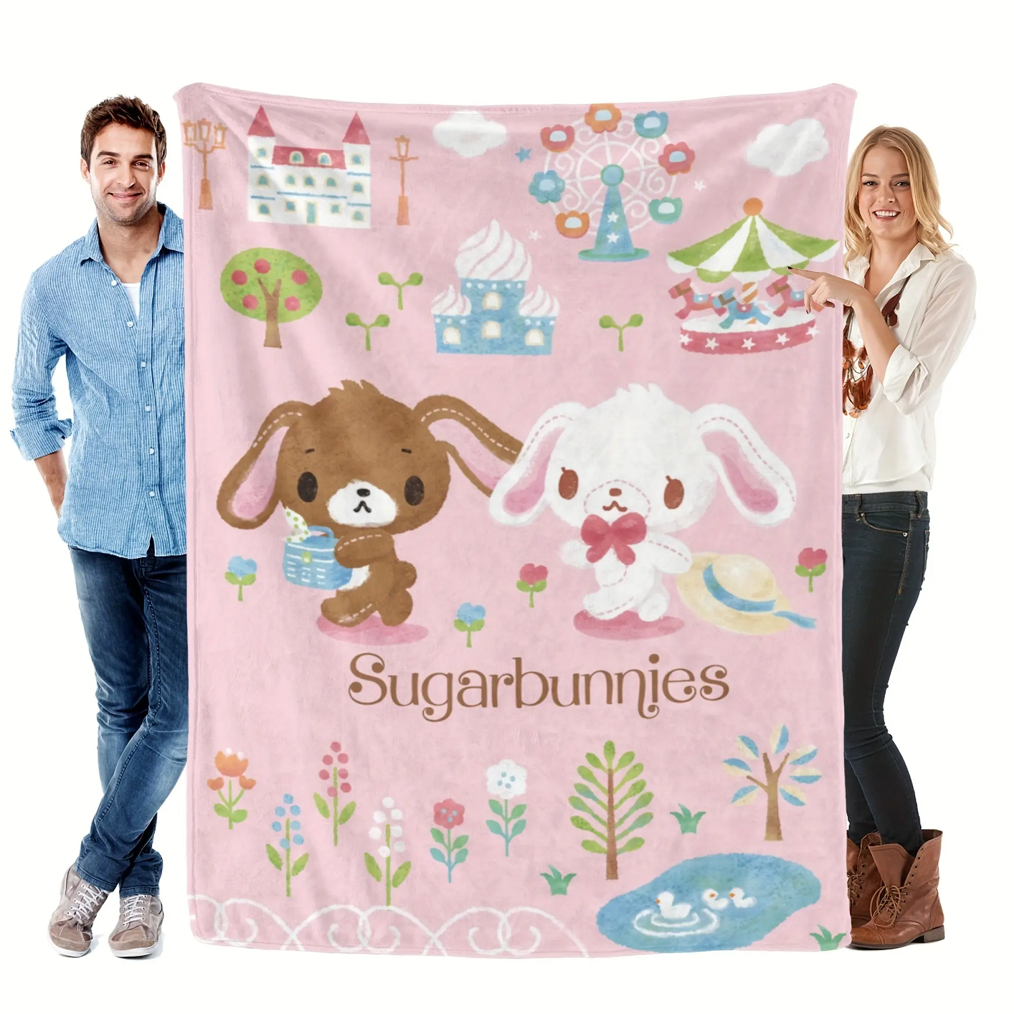 Sanrio SUGARBUNNIES Microfibre Blanket - 50x40 in, Soft, Comfortable, Fluffy, Lightweight, Cute Bunnies Design, Fluffy Look, Ideal for Sofa & Bed, Christmas Gift Ideas