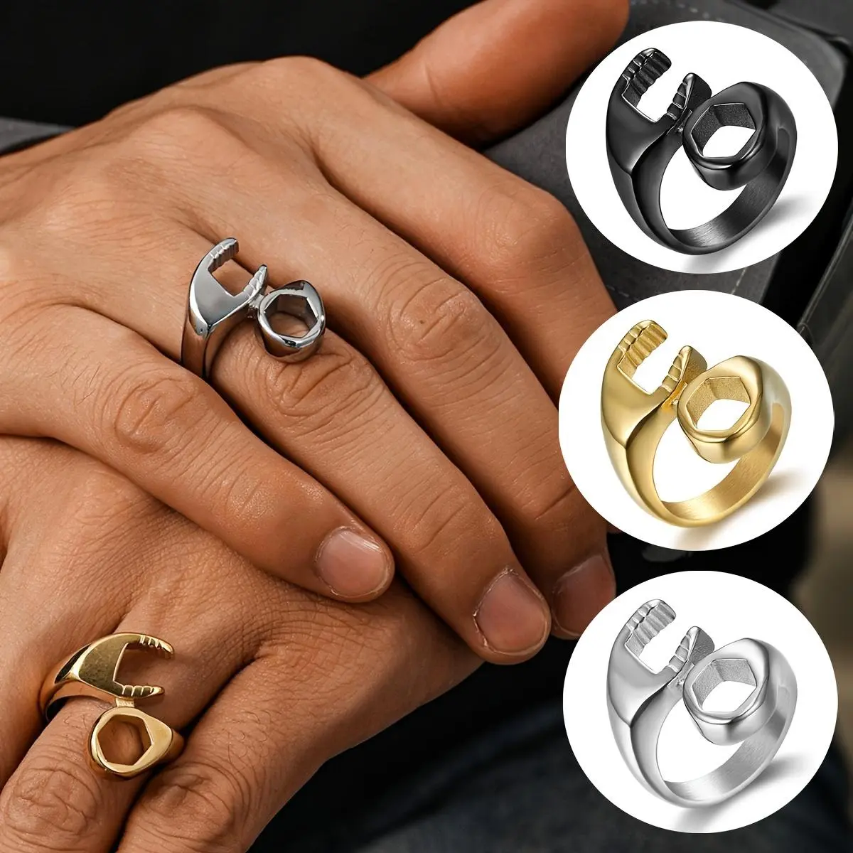 Men's Statement Multi Ring, Retro Wrench-Shaped Stainless Steel Hip-Hop Biker Band for Party Wear