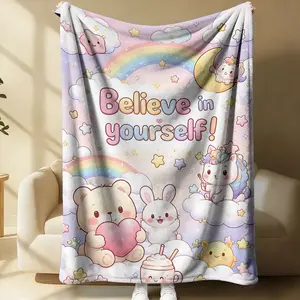 Dreamy and Sweet Flannel Throw Blanket,Rainbow Mascot "Believe In Yourself!" Print Throw Blanket,Perfect for Home, Camping, Travel, and Keeping Warm In The Office, Makes A Perfect Addition to Your Living Room Decor.