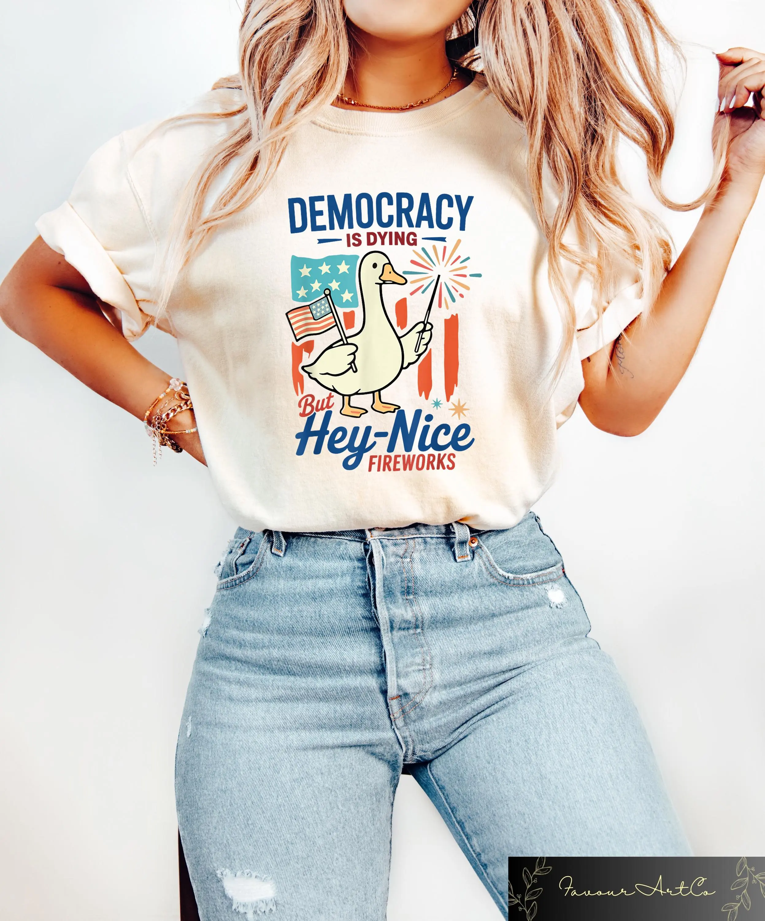 Goose Democracy Is Dying Shirt, Funny 4th Of July Fireworks Protest Graphic Tee Print Tee, Andrew Clothings
