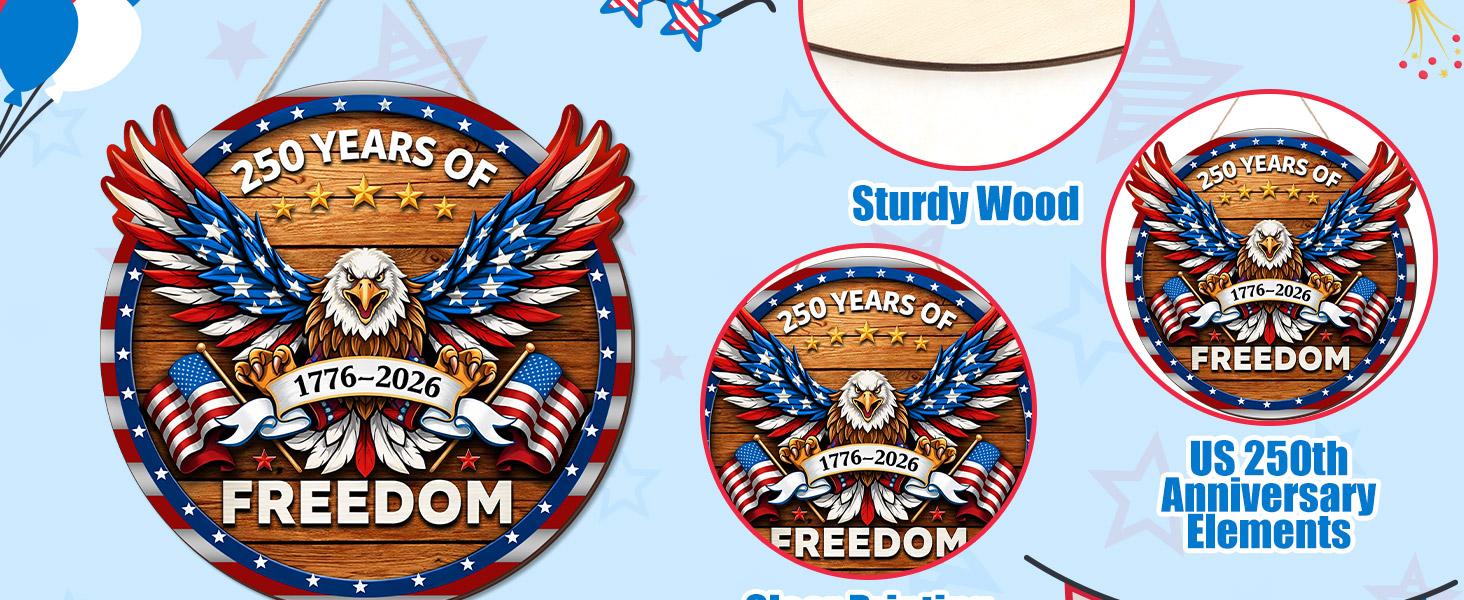 US 250th Anniversary Decoration Wooden Eagle Door Sign 250 Years of Freedom Wreath for Front Door Wall Signs Decor for 4th of July Home Decor Outdoor Indoor Party Supply
