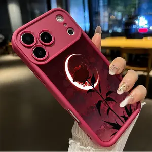 Phone Case for iPhone 17Promax 16 Plus 15 14 13 12 11 Moonlit Rose Pattern Straight Edge Upgraded Lens Protection Durable Bumper Cover for Girl.HMB09
