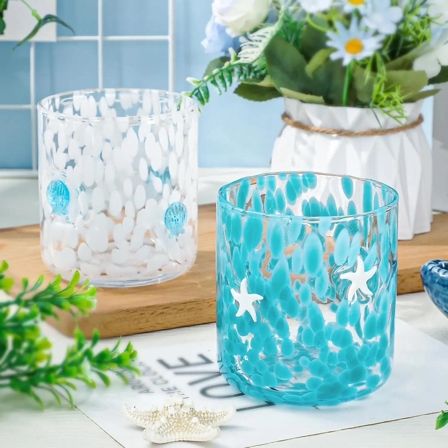 2Pcs 14oz Sturdy Ocean Icon Stemless Tumbler Set - Starfish & Seashell Decorative Cocktail Drinking Glasses, Double Old Fashioned Drinkware for Summer Home Party Favors, Drinking Glass Tumbler, Glass Tumbler Set