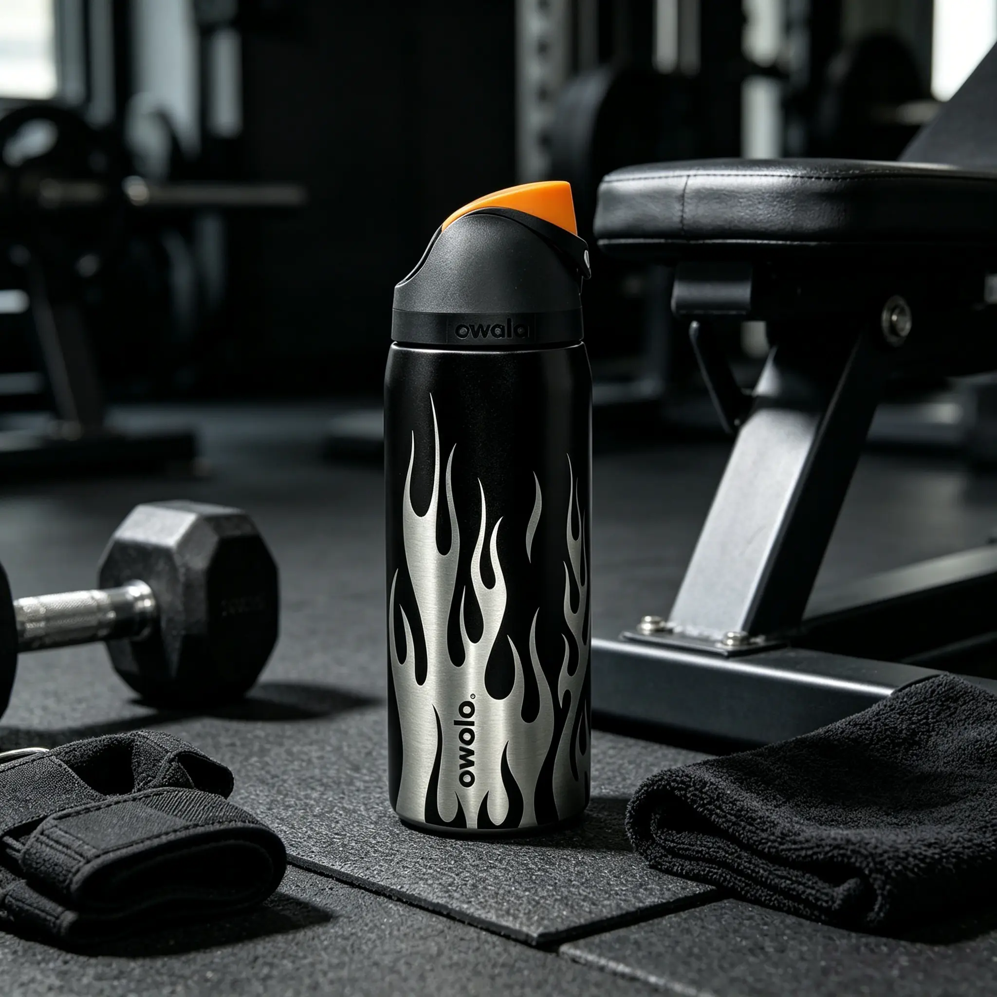 Owala 32oz Silver Flame Print Insulated Stainless Steel Water Bottle - Washable, Reusable, Anti-Leak Flip-Top, 24hr Cold Retention Skate Street Style Tumbler for Outdoor, Gym Use Flasks