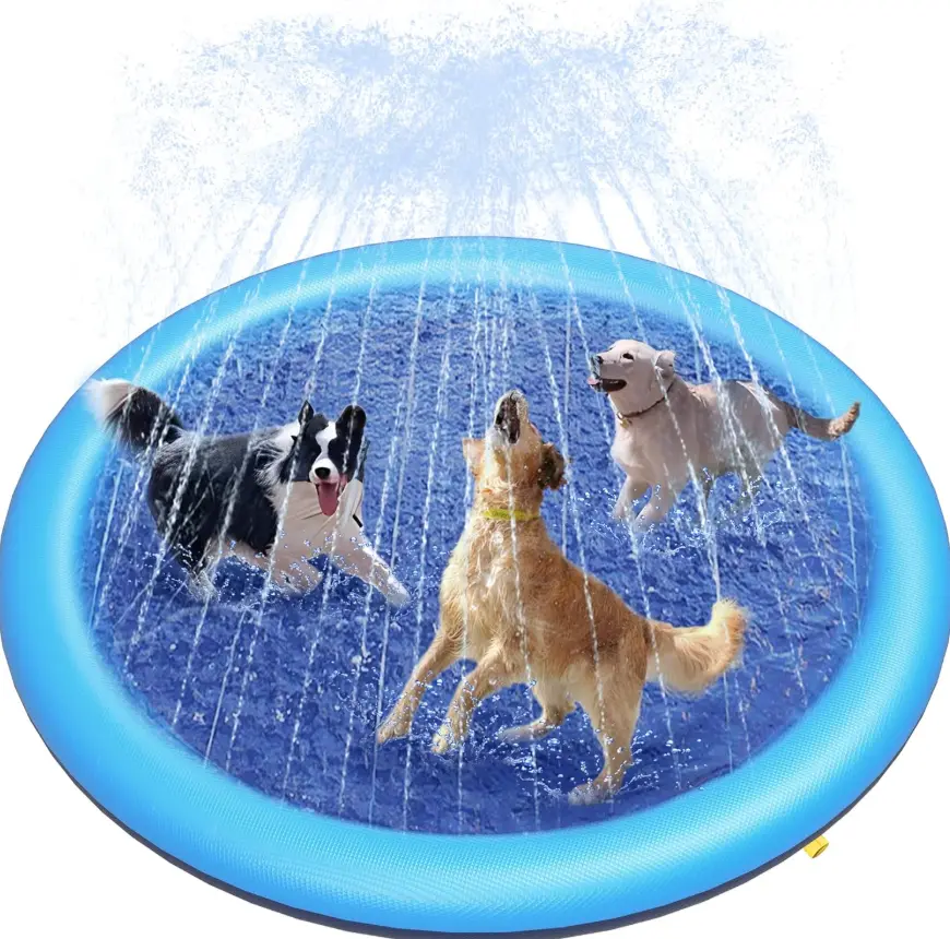 Dog Pool Splash Pad, 67/80 in Blue Anti-Slip Sprinkler Mat for Dogs, 0.58 mm Thickened Water Mat for Large Breeds, Garden Hose Not Included, Backyard Summer Water Play