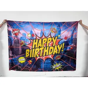 2D flat banner, 1pc Comic Book Style Happy Birthday Banner with Cityscape Backdrop, Bold Yellow Text in Red Speech Bubble, Superhero Theme Party Decoration, Happy Birthday Decorations, Sound Effects Icons, Spider-Man Figures Action Poses