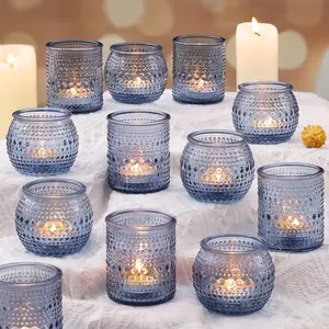 16 Pcs Blue Votive Candle Holders for Bridal Shower Decorations- Assorted Tea Light Candle Holders for Dusty Blue Wedding Decor, Baby Shower Table Centerpieces