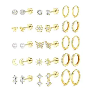 14K Gold-Plated Flat-Back Earrings — Hypoallergenic Surgical Stainless Steel Stud Hoop Earrings, High-Quality Earrings for Women & Girls, Cute Stud Earring Set, Small Huggie Hoops, Cartilage Earring Stacks