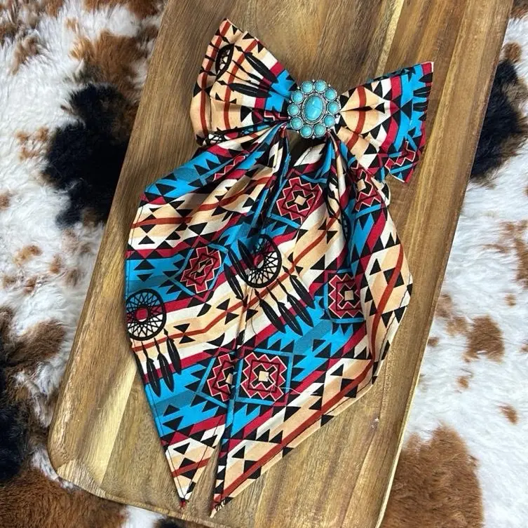 Western Azteca Coquette Clip-On Bow Hair Clip - Unisex Casual Fashion Accessory, Geometric Print Fabric, Turquoise Beaded Center, Red Blue Tan Bow for Daily Wear, Bow Shape